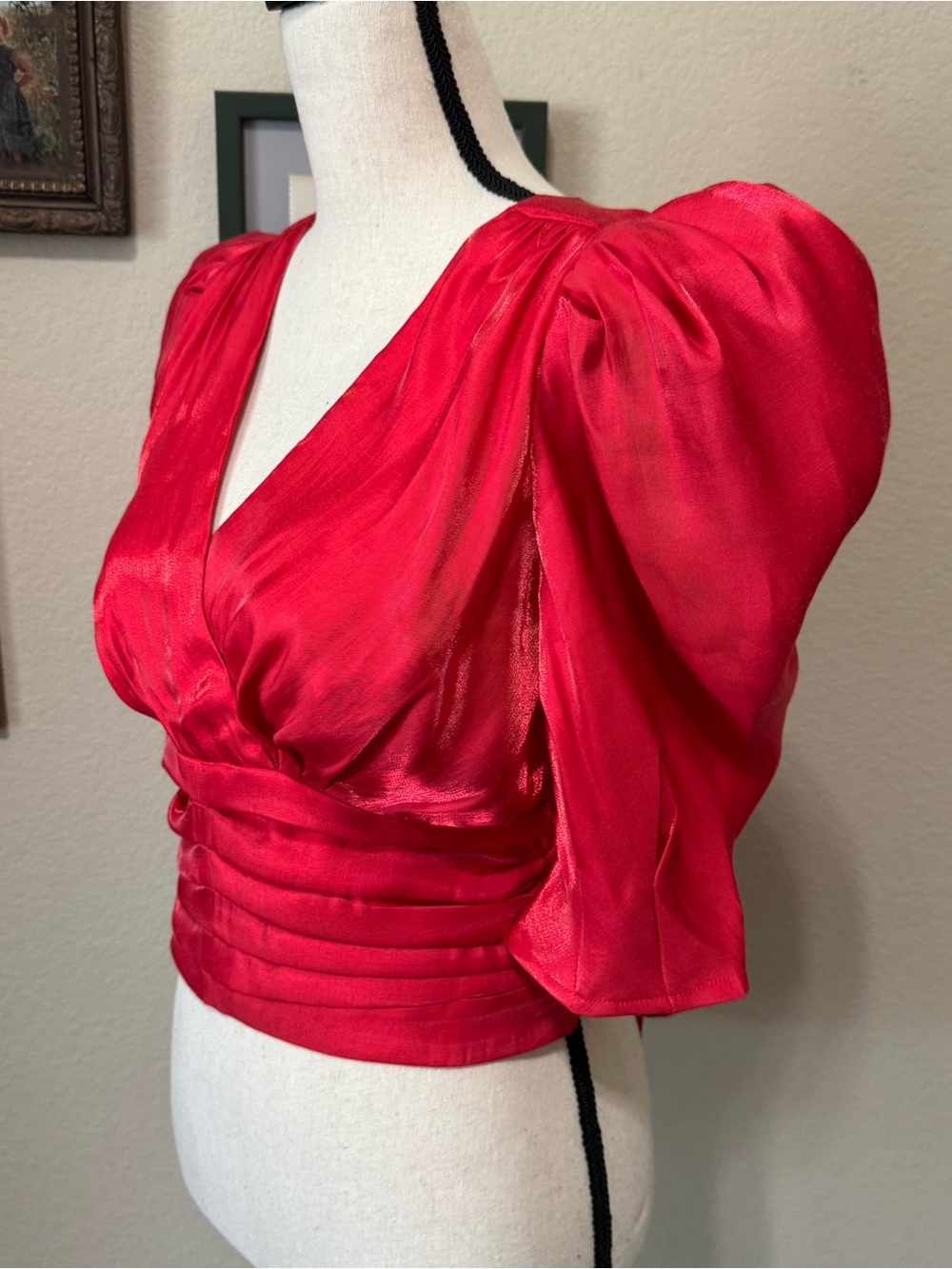 CIEBON | Farrah Shimmer Satin Red Puff Sleeve Shirt Blouse XS NWT - Picture 10 of 16